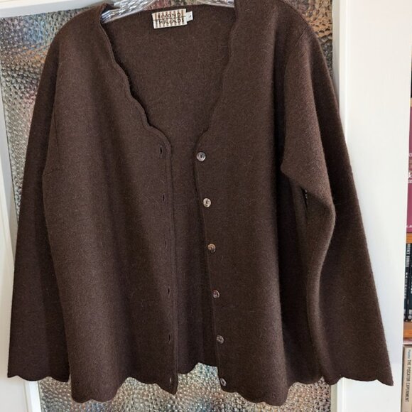 Beyond Threads Alpaca Sweater Jacket Wool Rich Brown Scalloped Edges Structured - Picture 16 of 16